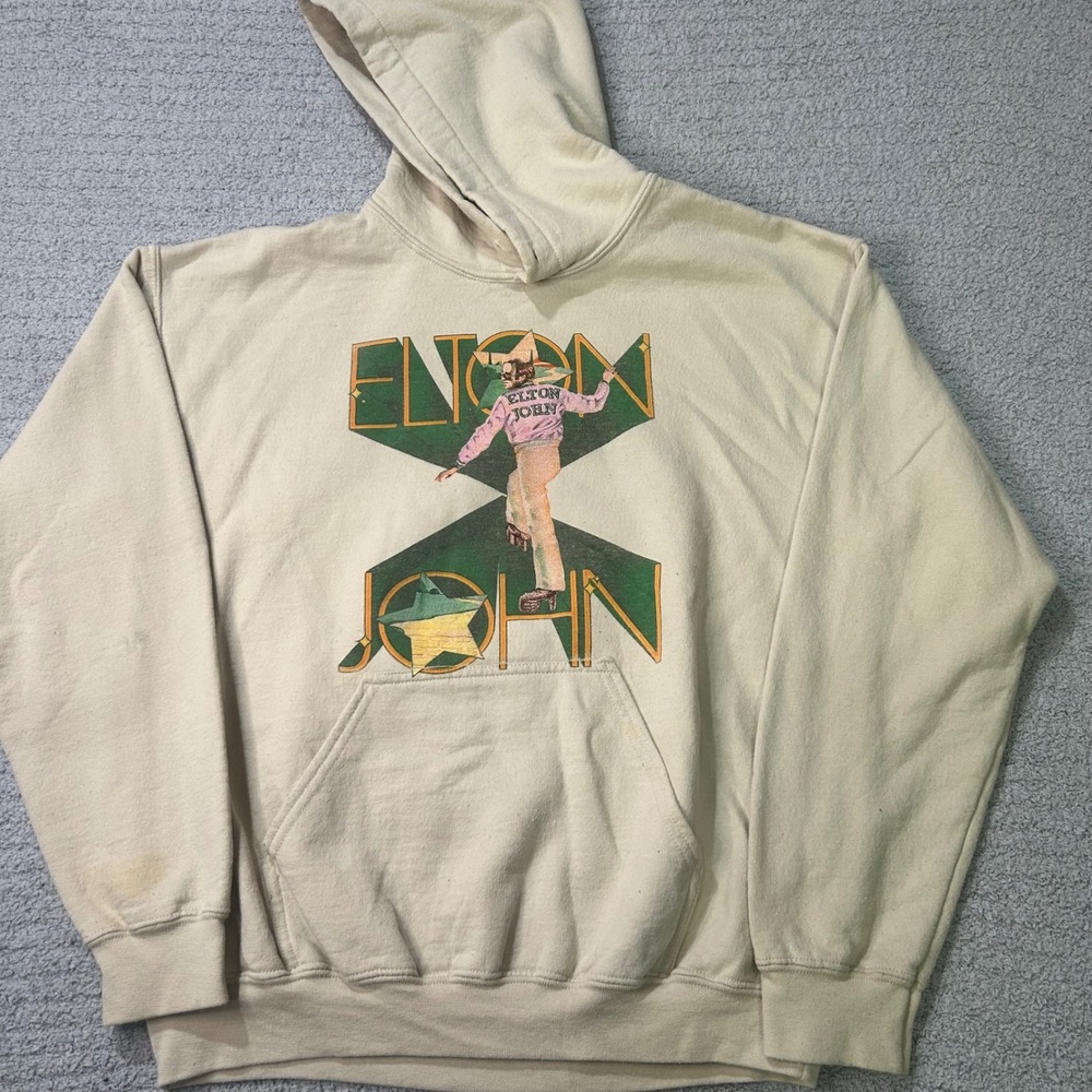 Elton John Hoodie Farewell Yellow Brick Road Tour Size M Cream Graphic Concert
